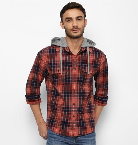 Men Checked Hooded Pure Cotton Sweatshirt